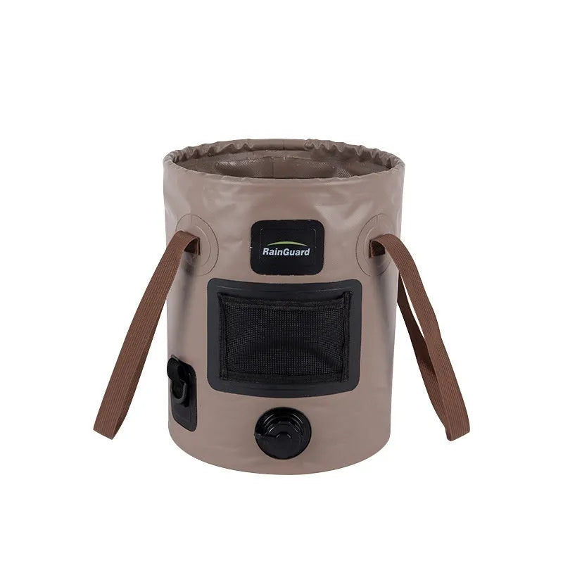 Folding fishing bucket in lemon yellow with optional mesh net pocket, showing 25-litre capacity and collapsed position