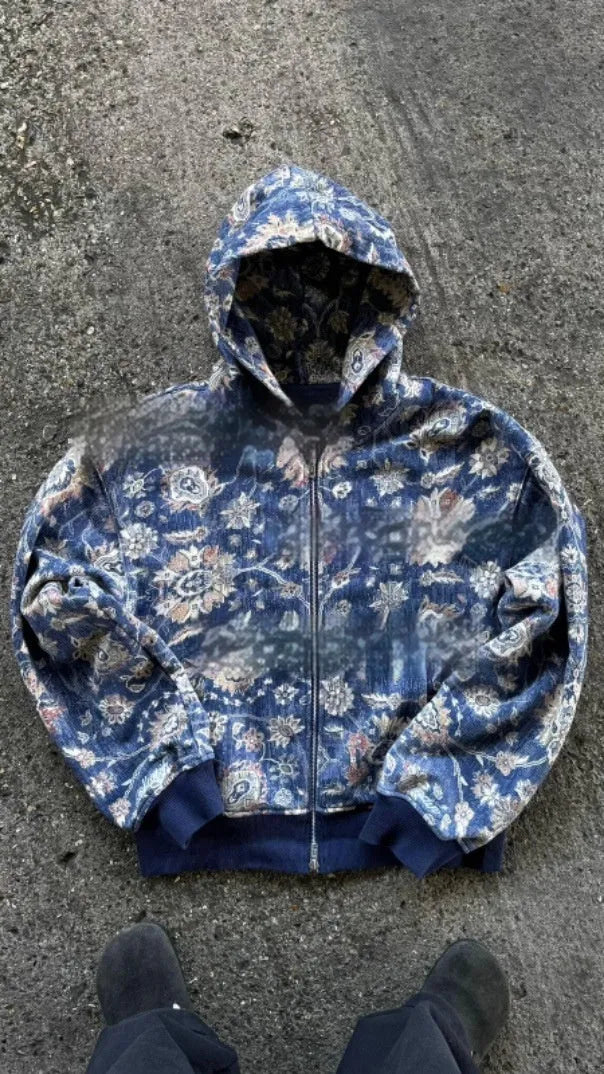 Men's loose fit hooded zip-up coat in polyester fabric with digital printing design
