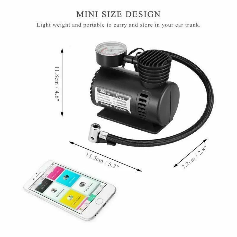 Black 12V portable mini air compressor with 300 psi gauge, 9-foot cord, and two adapter nozzles on a neutral background