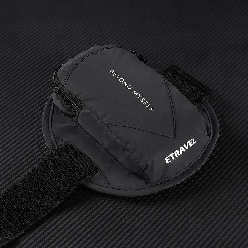 Running arm bag worn on arm with reflective strip, showing smartphone compartment and adjustable strap