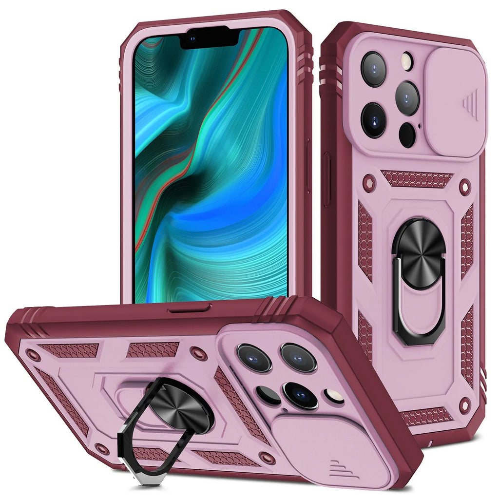 Magnetic phone case with sliding window bracket for iPhone 12 and 13 models in two-tone colours.