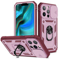 Magnetic phone case with sliding window bracket for iPhone 12 and 13 models in two-tone colours.