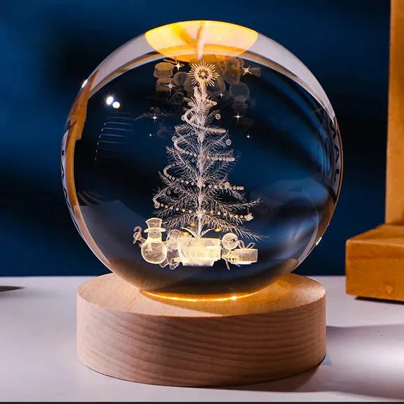 3D crystal ball night lamp with starry sky planets and moon projection on wooden base