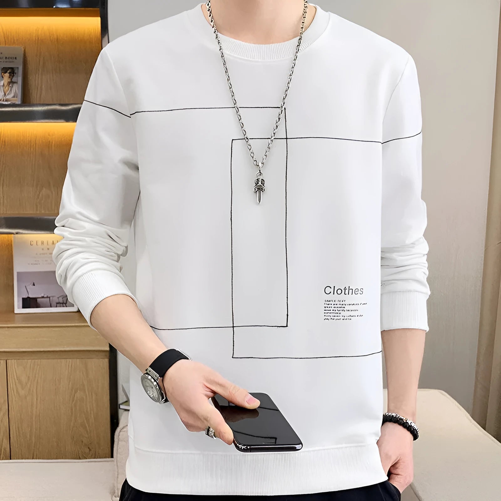 Youth round neck casual autumn cotton sweater men's long sleeves Korean style in Black A