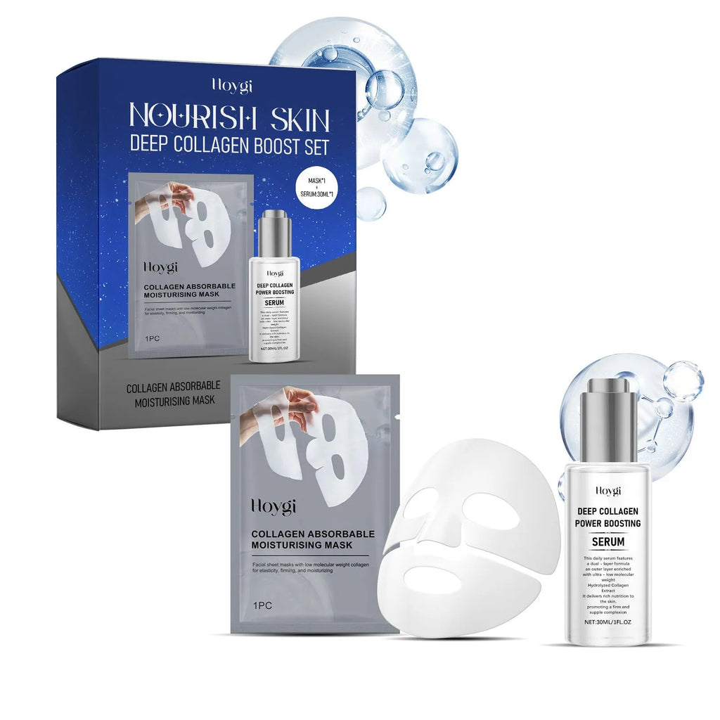 Collagen moisturising suit box containing a facial mask and a 30ml bottle of essence.
