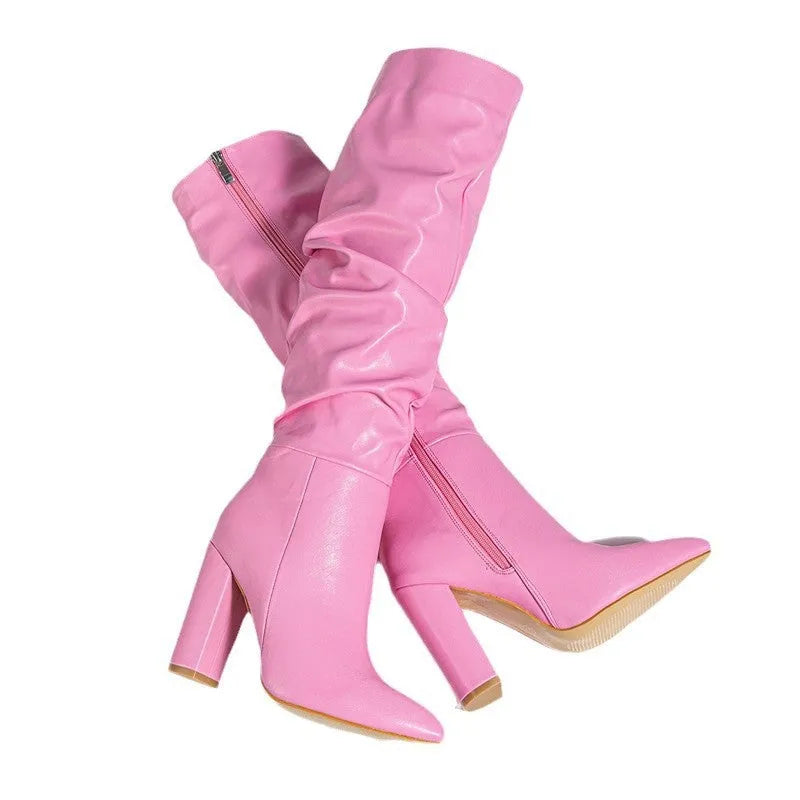 Women's pointed toe ankle boots with side zip and 8CM+ high heel in white or pink artificial PU