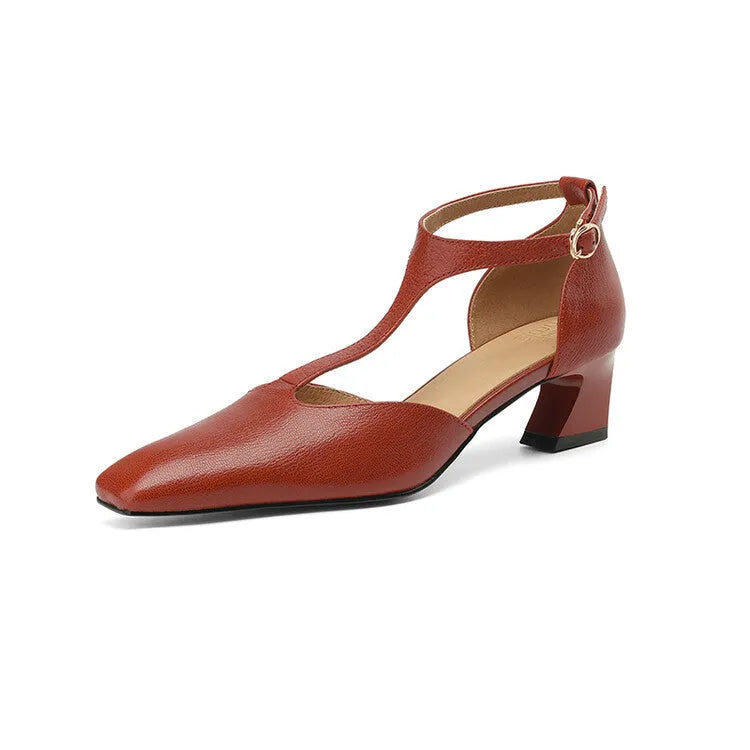 Wine red women's retro square toe buckle heels with a chunky block heel made from sheepskin leather.