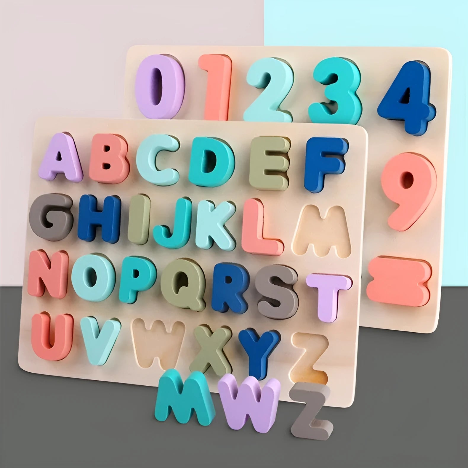 Children's wooden jigsaw puzzle board with macaron-coloured shape and letter pieces, 29.5x22 cm