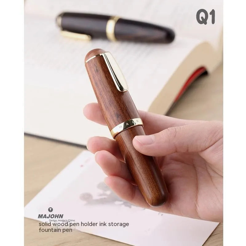 Short chubby solid wood ink pen with fine tip in Ebony Rosewood finish, gift box packaging