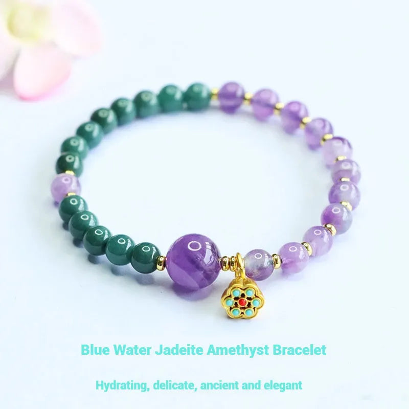 Natural blue water jade amethyst bracelet hand-woven with 6-10mm beads on white background