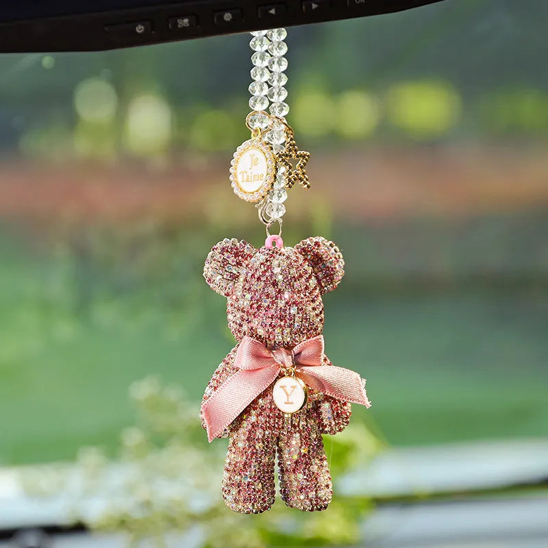 Diamond-embedded violent bear car rearview mirror pendant ornament in black, white, or mixed pastel.