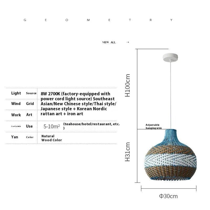 Natural woven rattan and bamboo pendant ceiling lamp with warm white light