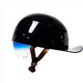 Men's retro half helmet for electric bicycles in bright black with blue gradient lens.
