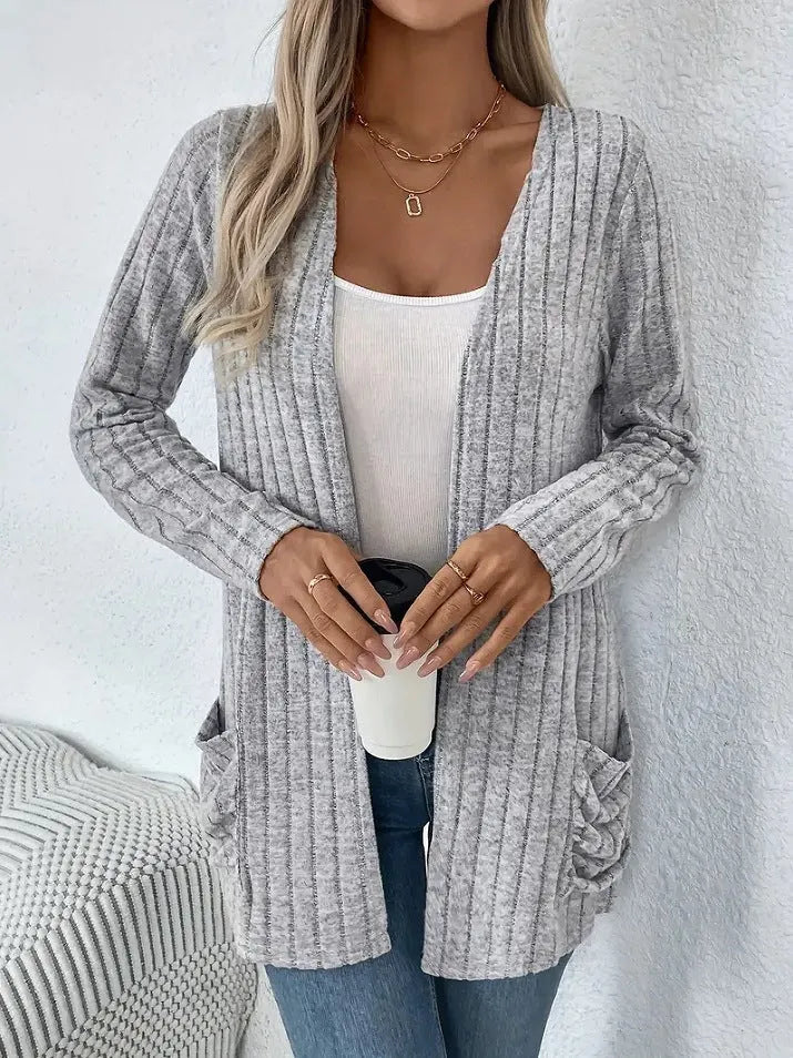 Solid colour long sleeve cardigan with pocket in loose fit, available in black or grandma grey