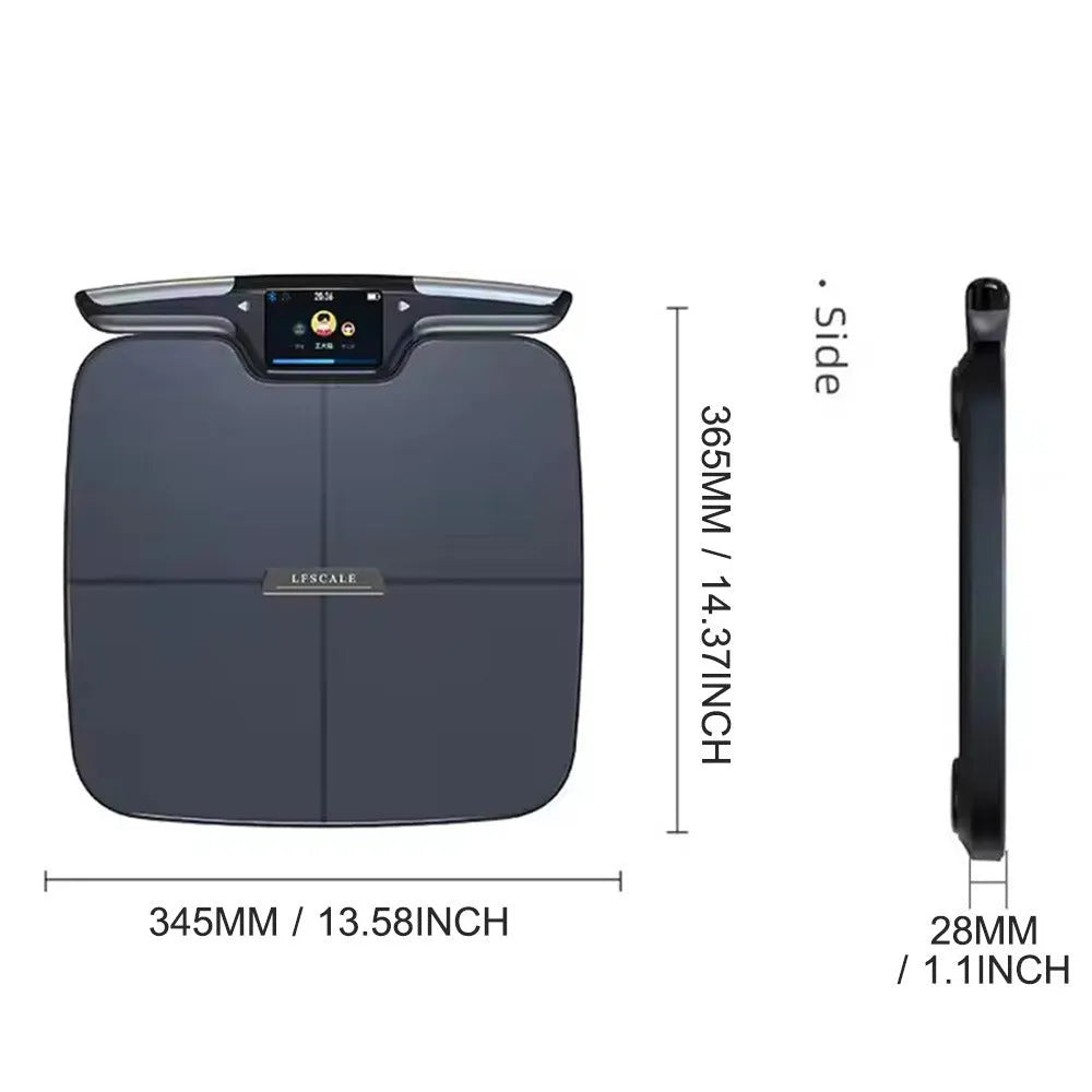 Black eight-electrode body fat smart scale showing digital display on 45cm platform