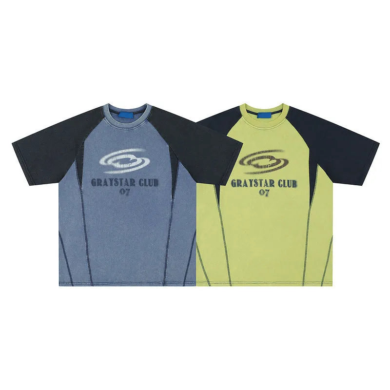 Men's blue hip hop letter print t-shirt with raglan sleeves on hanger
