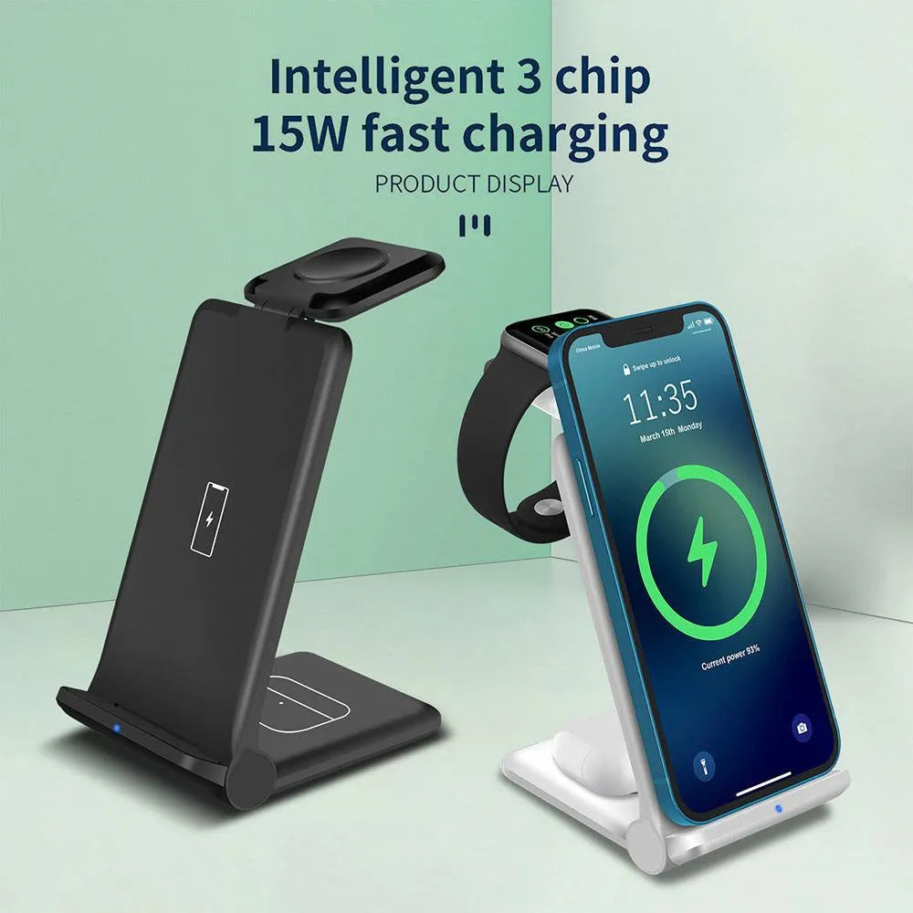 White 3-in-1 foldable wireless charging station for phone, Apple Watch, and AirPods on a desk.