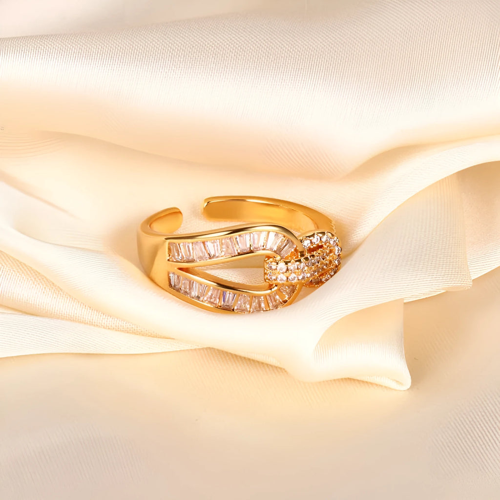 Copper open horseshoe ring for women in Champagne Gold electroplated finish, U-shaped geometric design on finger