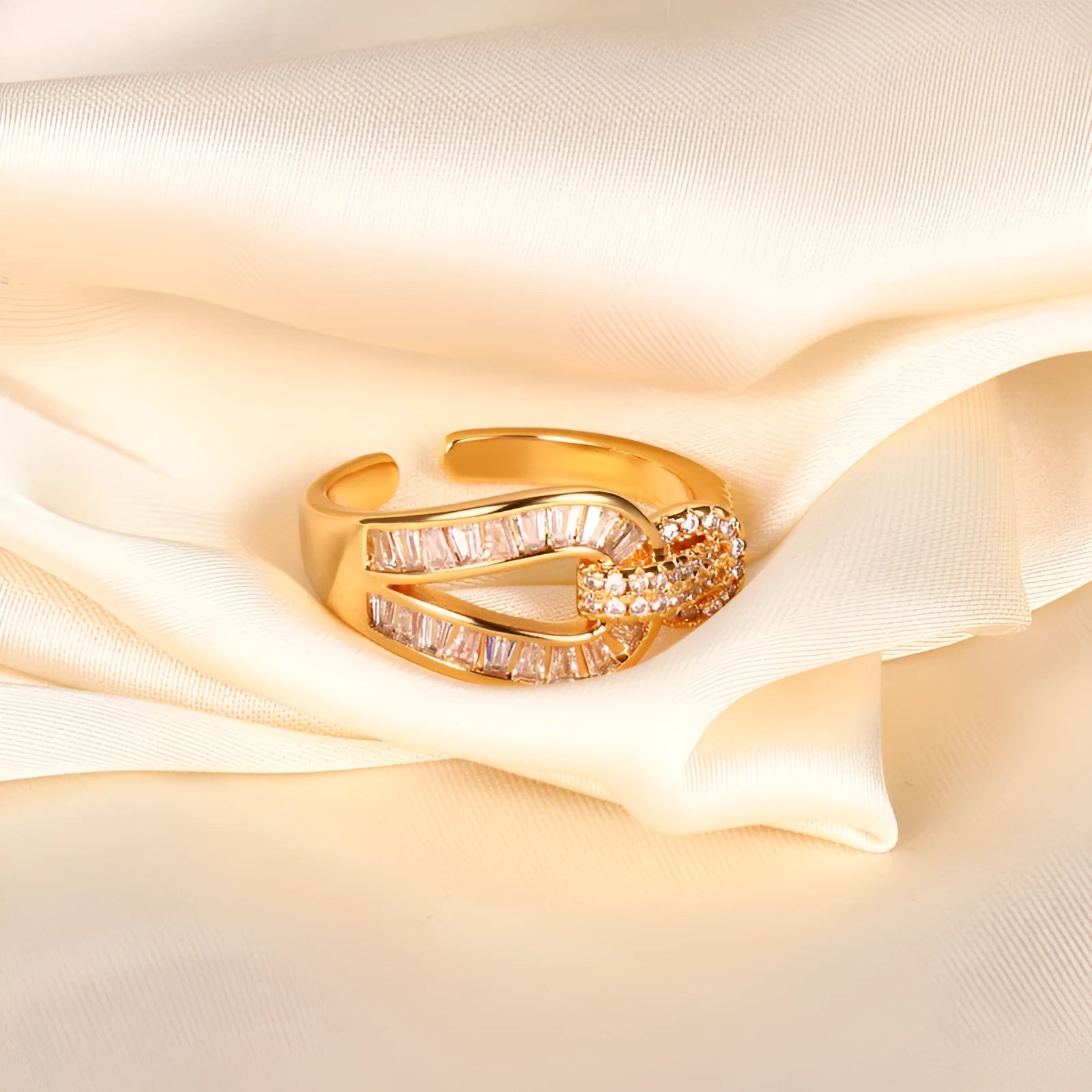Copper open horseshoe ring for women in Champagne Gold electroplated finish, U-shaped geometric design on finger