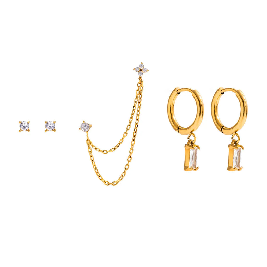 Geometric stainless steel earrings set of 5 with electroplated finish, light luxury style for women