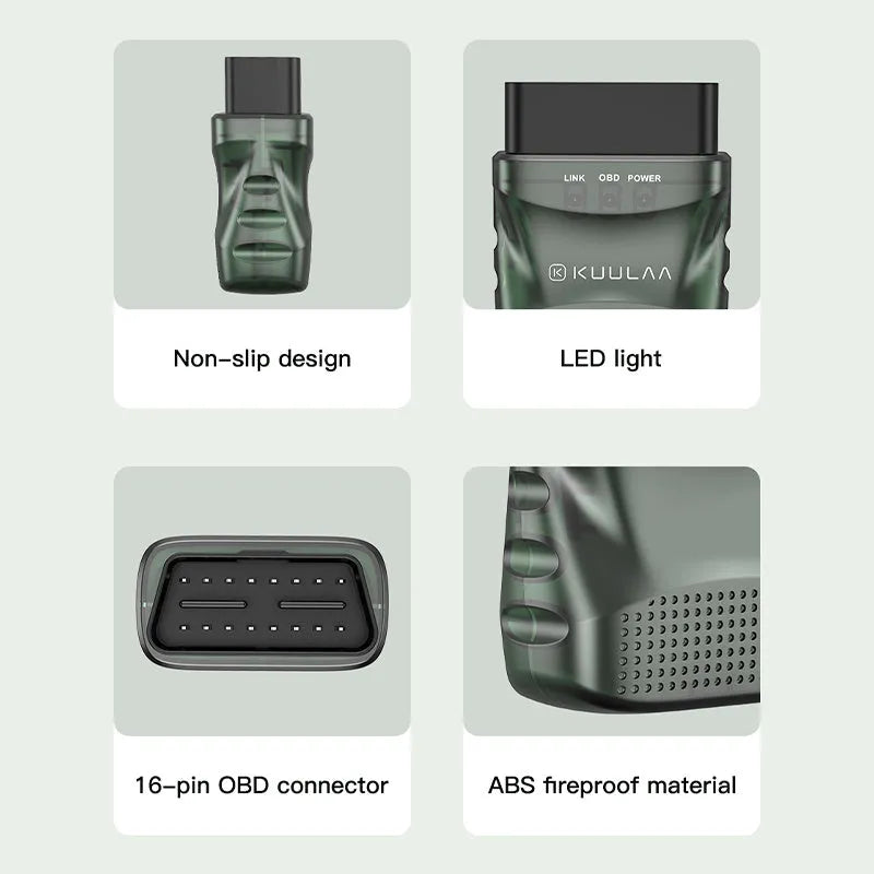 Green Bluetooth OBD auto fault detector with plastic body for engine diagnostic code reading