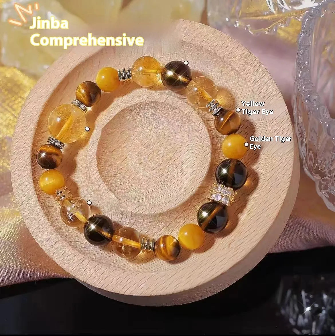 Natural yellow tower crystal string beads bracelet with 10mm Jinba beads on wrist