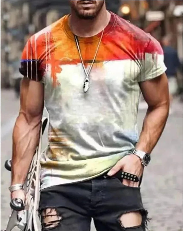 Abstract painting print short-sleeved t-shirt with round neck, collarless design, 80% cotton blend, available in multiple colours and sizes S-5XL