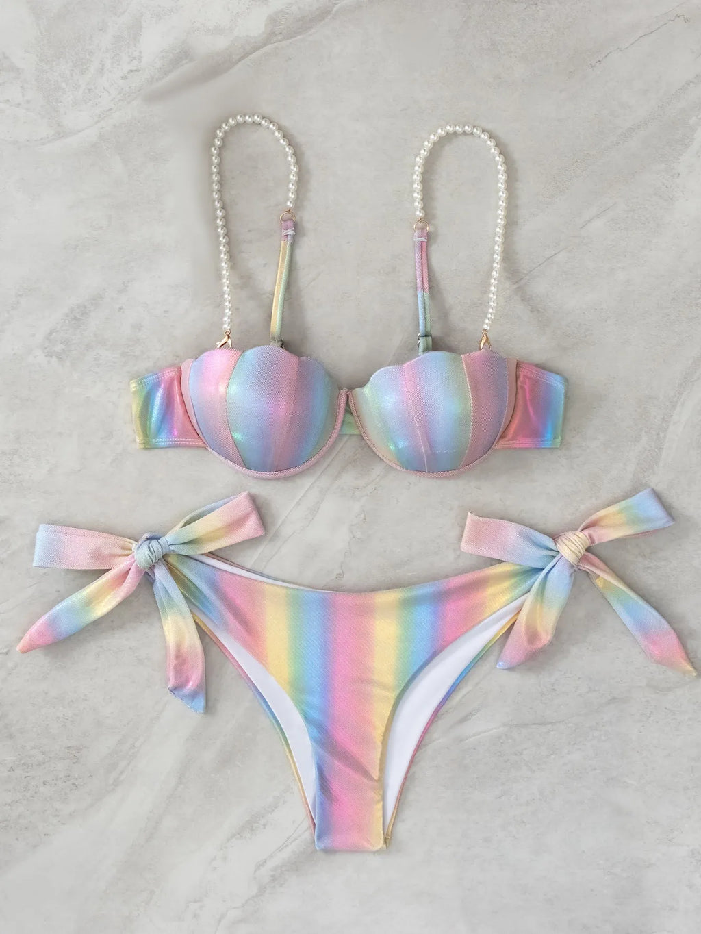 Women's shell rainbow bikini split swimsuit with adjustable side ties in polyester fabric
