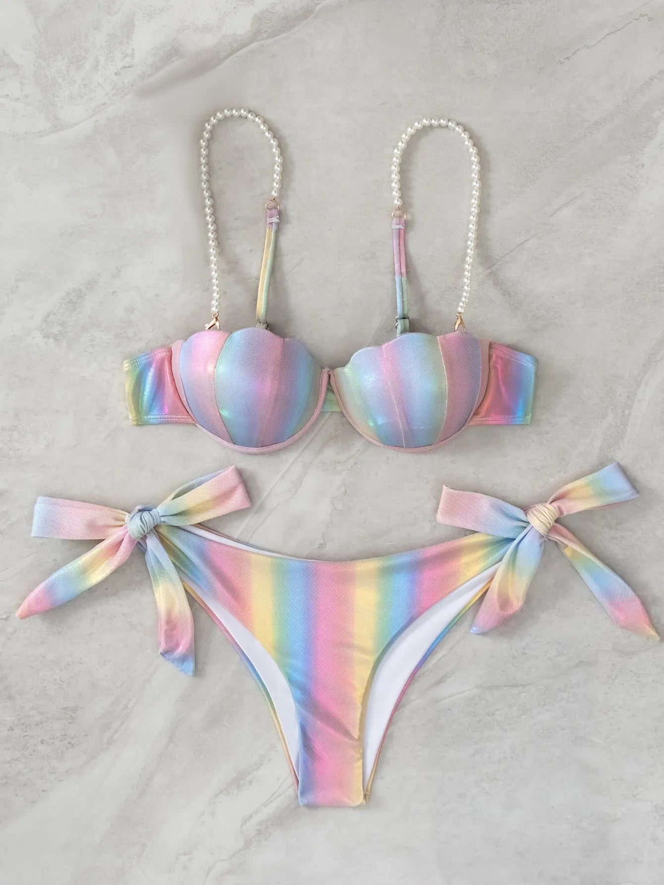 Women's shell rainbow bikini split swimsuit with adjustable side ties in polyester fabric