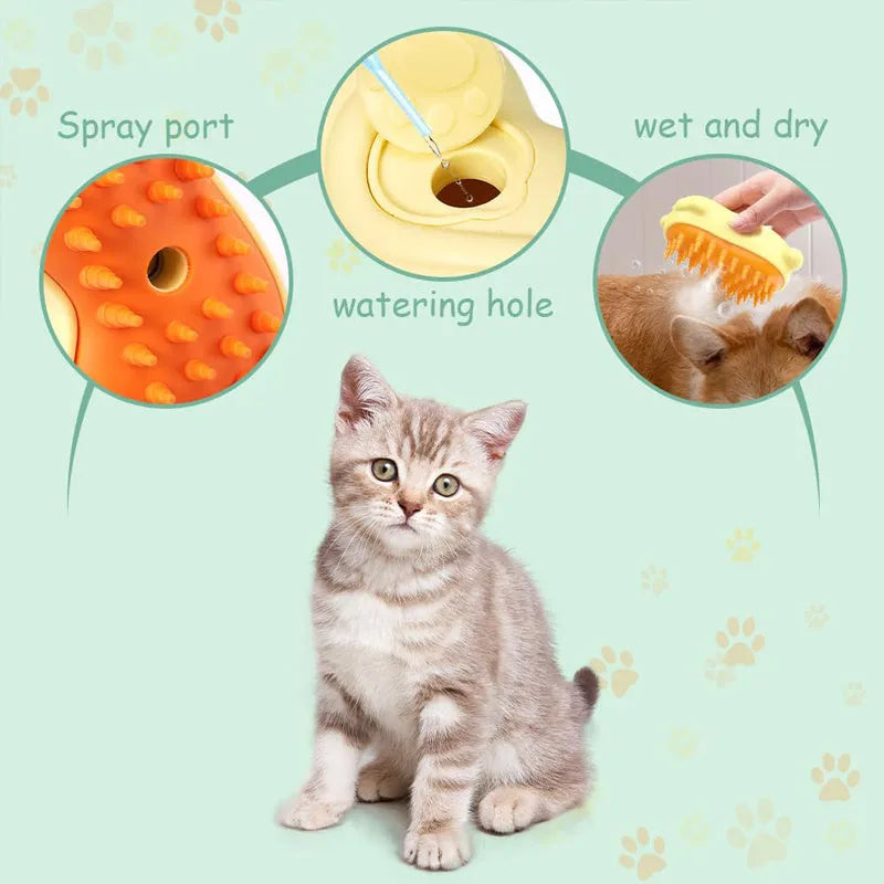 Pet steamy brush grooming tool with 3-in-1 functionality for cats and dogs