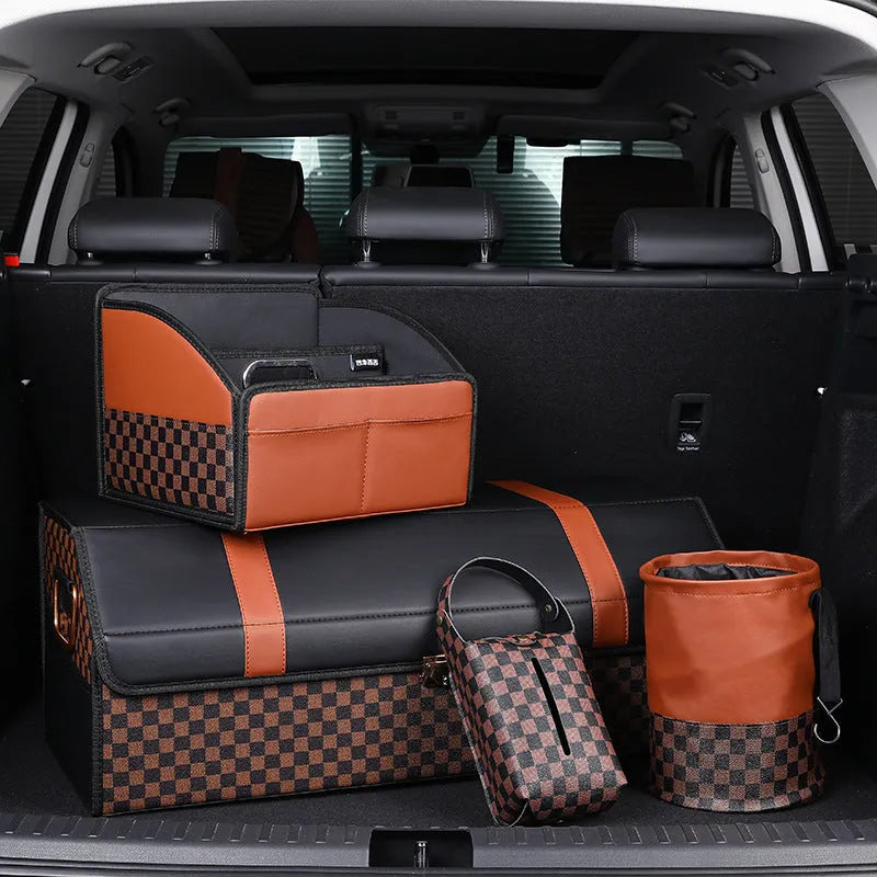 Leather retractable car trash can shown in product picture with foldable design