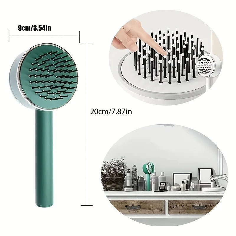 One-key self-cleaning hair brush with airbag cushion and round-head comb tips, 20x9cm, available in green pink and white