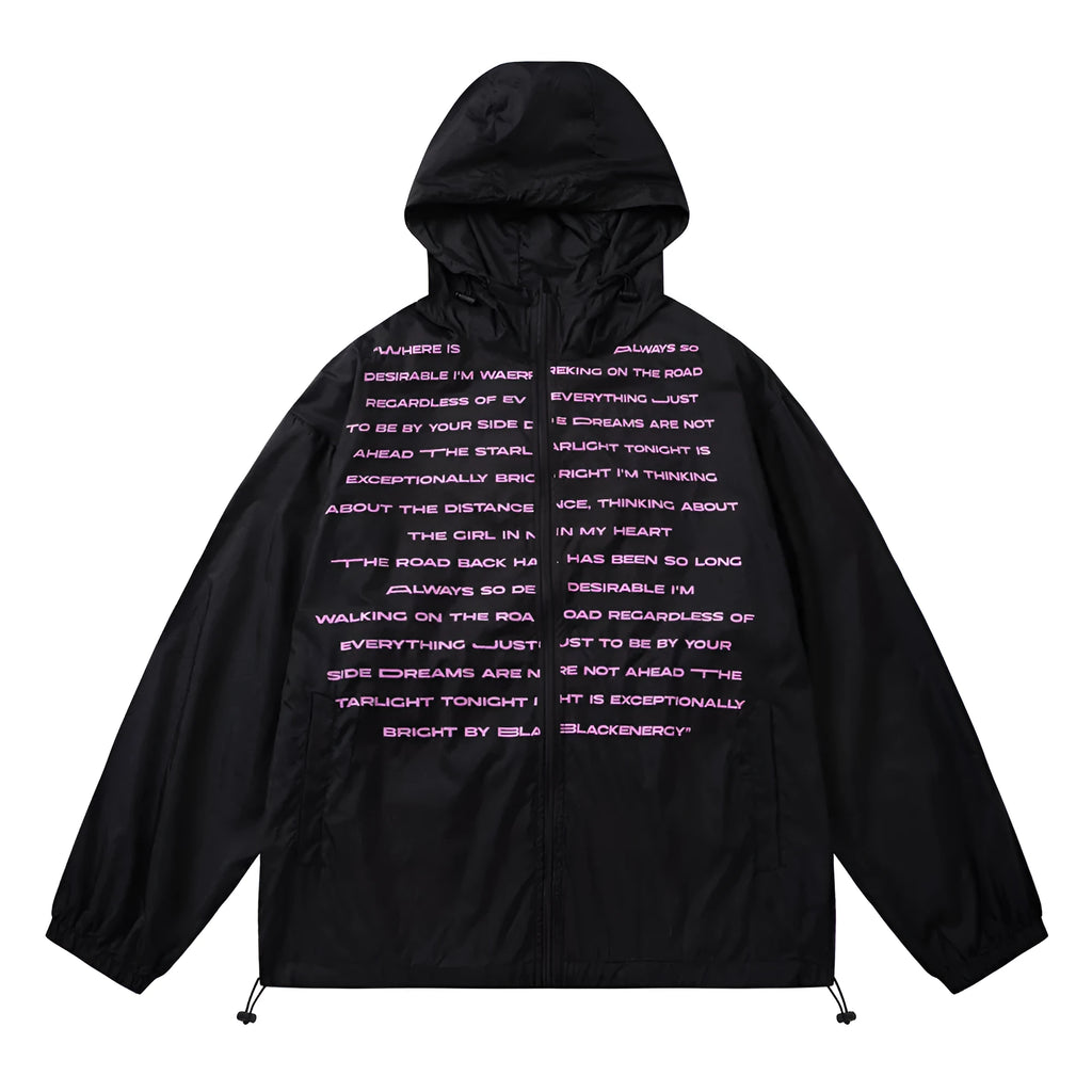 Men's nylon sun protection jacket with letters print in gray, shown on a model