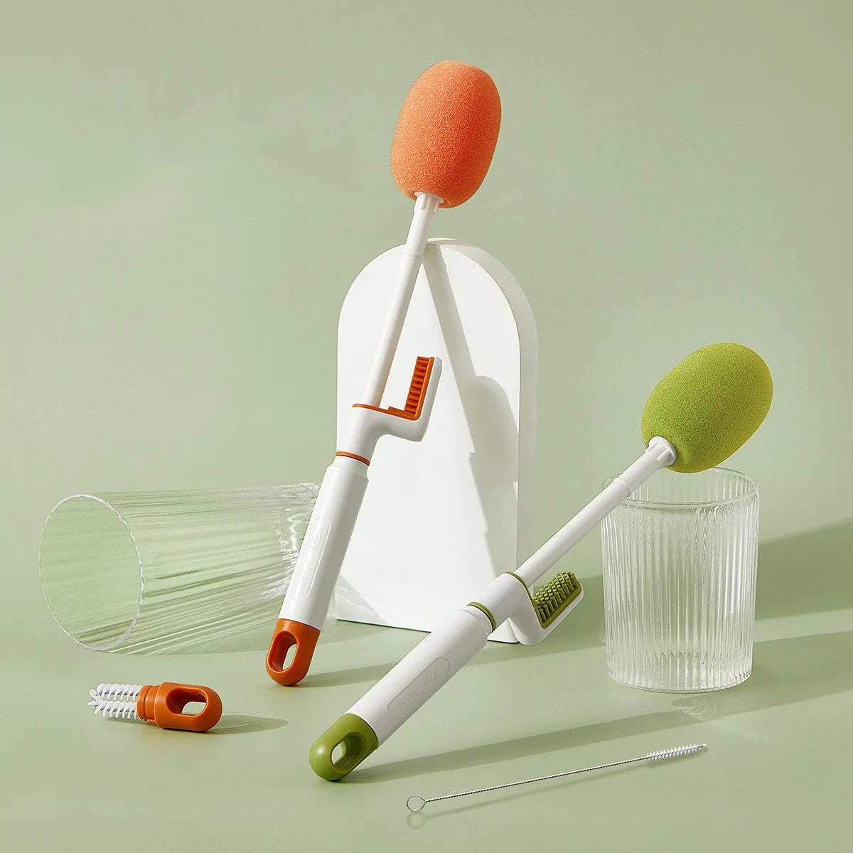 Long handle plastic cup brush in orange and army green with replacement heads for kitchen bottle cleaning