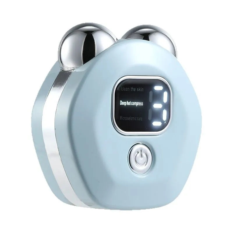 Portable micro current double-roller facial massage instrument with hot compress function in light blue