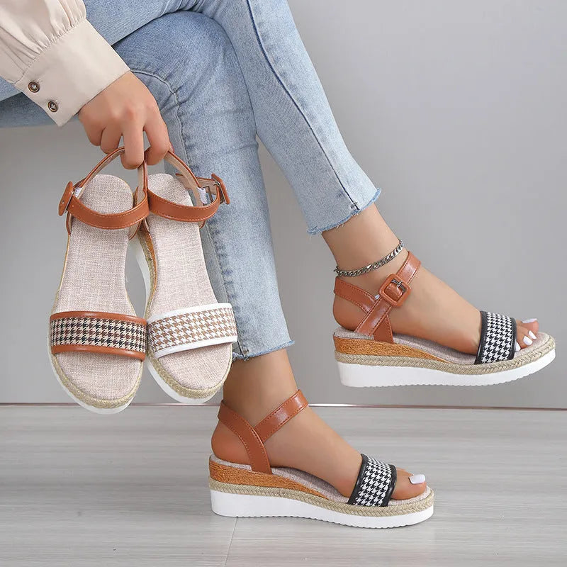 Women's houndstooth print buckle sandal with fish mouth toe in white, PVC upper