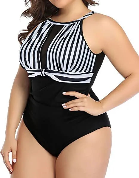 Women's black lace one-piece swimsuit shown next to striped and red floral pattern variants on a mannequin.