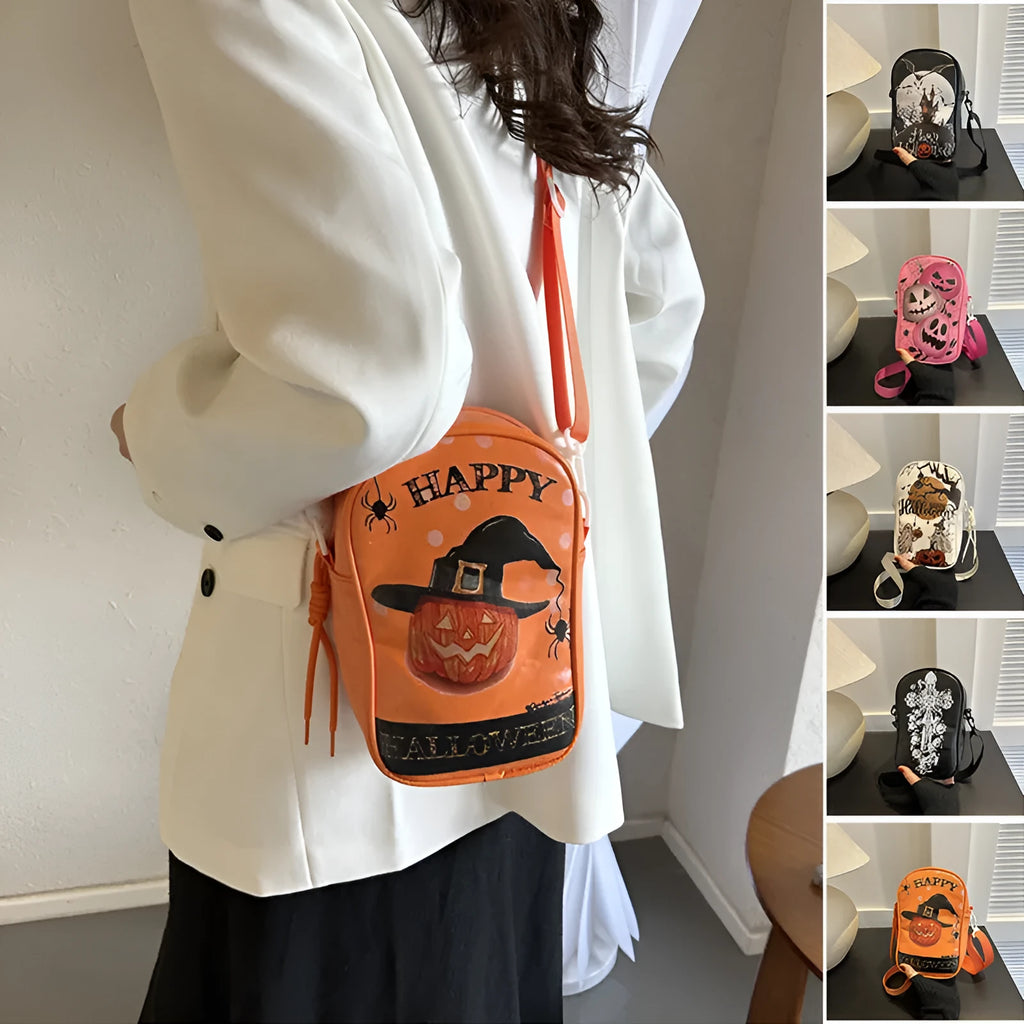 Halloween graffiti print crossbody bag with cartoon pumpkin ghost bat design in orange colour