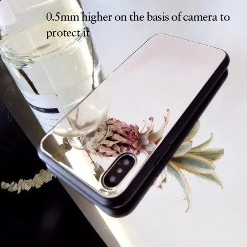 Black iPhone case with a square glass mirror on the back, compatible with iPhone 7 Plus, 8 Plus, and X models.