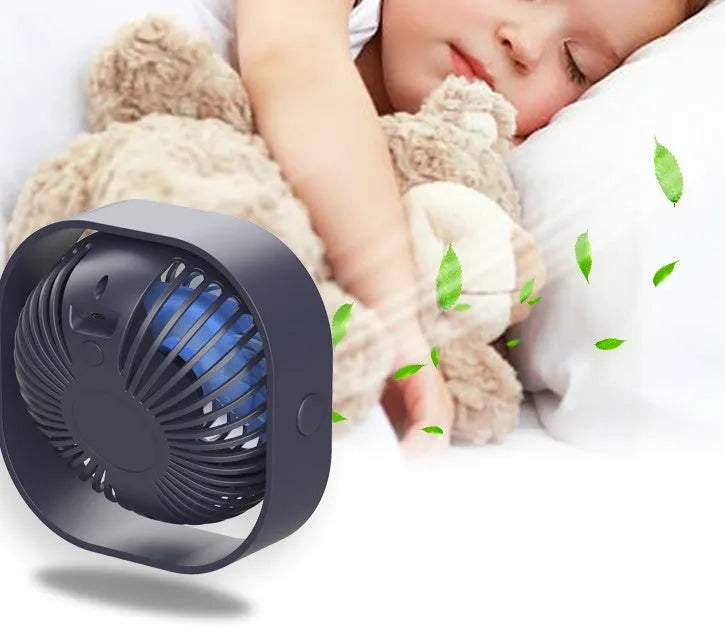 USB desk fan with 360-degree rotation in modern alarm clock design