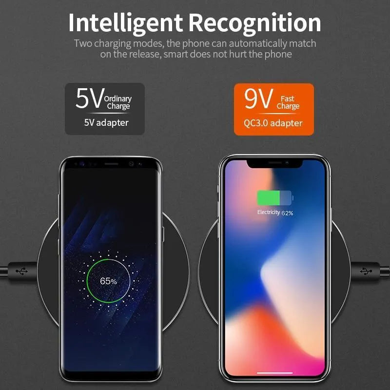 Black on black ultra-thin wireless fast charger with 98mm diameter aluminium construction