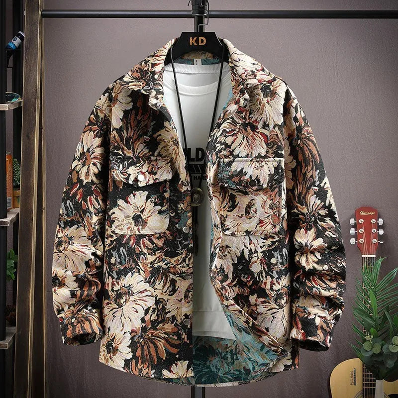 Casual lapel shirt coat with straight hem in polyester fabric, showing front view