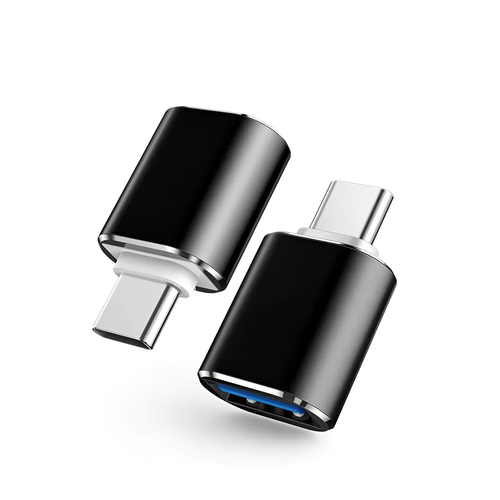 USB-C OTG adapter showing Type-C male connector and USB-A female port in black, silver, and gold colour options