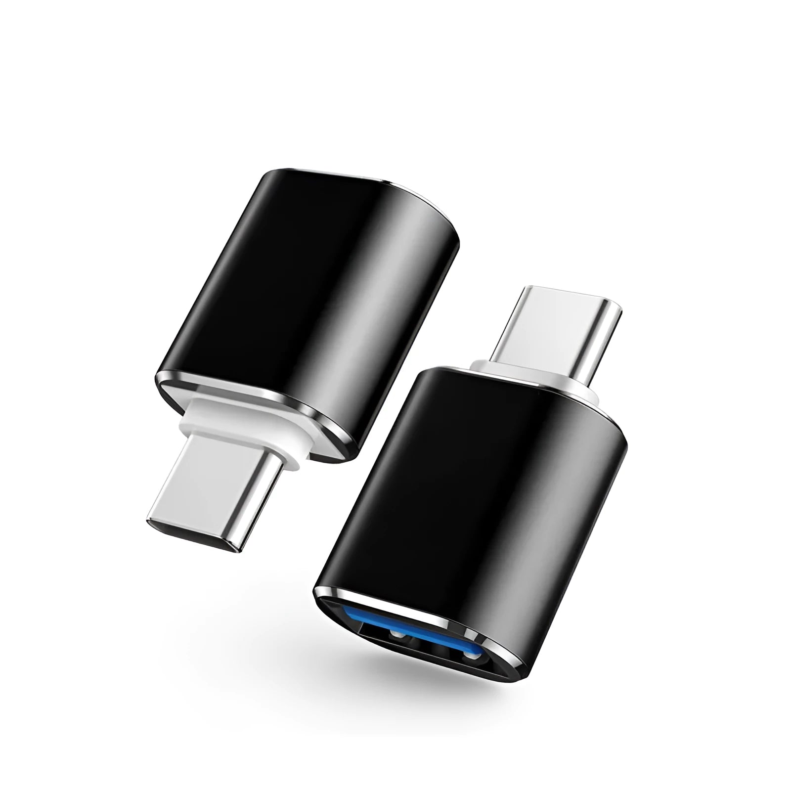 USB-C OTG adapter showing Type-C male connector and USB-A female port in black, silver, and gold colour options