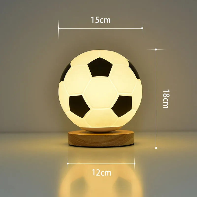 Football LED small glass night lamp with black and white football design on bedside table, USB powered, remote controlled