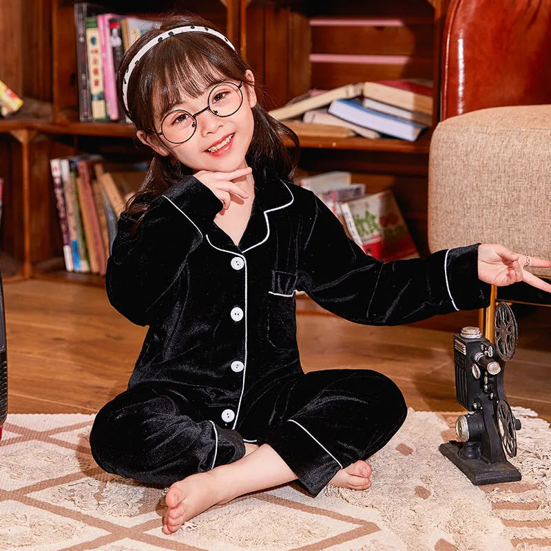 Children's gold velvet solid color pajamas set in cotton, 7 colours, sizes 6-18