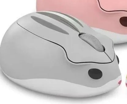 Yellow Bluetooth wireless mouse next to hamster habitat showing compact 105mm size