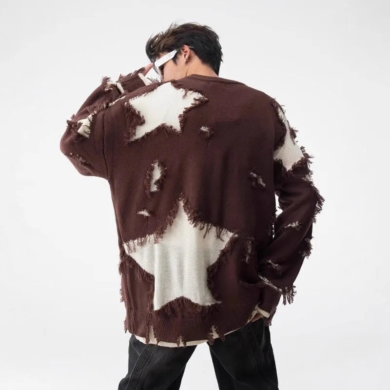 Men's loose hem irregular hole sweater in black, cotton blend, long sleeve pullover for spring autumn daily wear