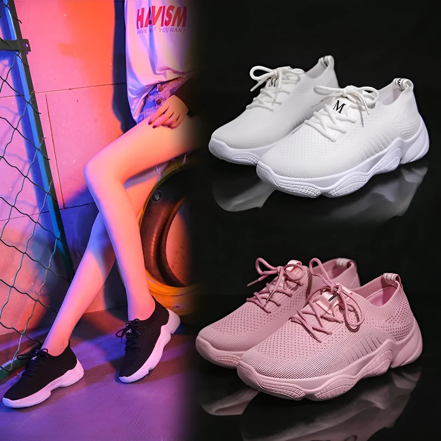 Women's white woven sports shoes with thick rubber sole and front strap.