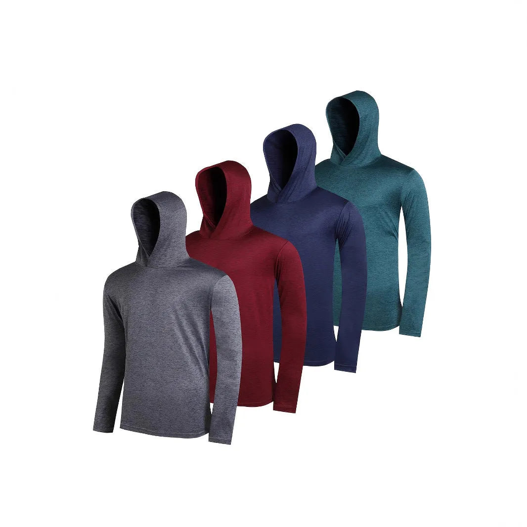 Four-pack of men's lightweight polyester hoodies in assorted colours on hangers